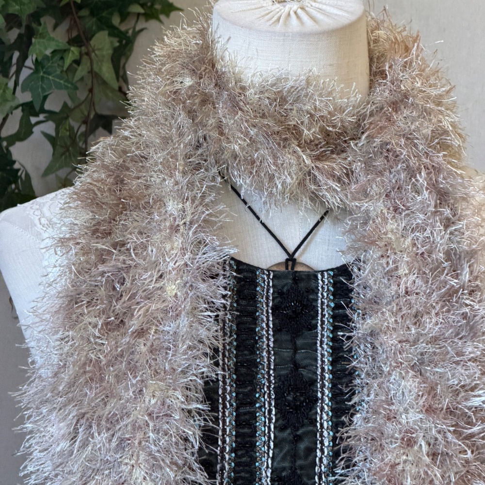 Tan Eyelash Knit Scarf Skinny Y2K Indie Sleaze OS Fuzzy 90s Funky Whimsy - Picture 7 of 7